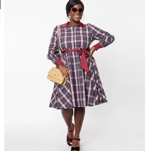 UNIQUE VINTAGE Navy & Burgundy Fit & Flare Plaid Swing Shirt Dress • size 2X/18 - Picture 3 of 4